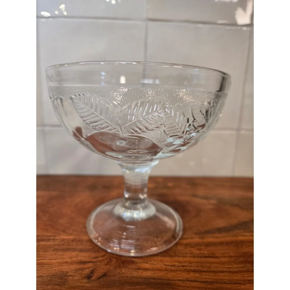 Vintage French Clear Pressed Glass Footed Dessert Coupe Embossed Leaf Berry Bowl